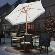 Autlaycil 7.5 ft Fringe Patio Umbrella with 18 LED Lights and Sturdy Ribs for Lawn, Garden, Backyard and Pool, White