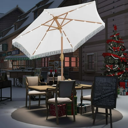 Autlaycil 7.5 ft Fringe Patio Umbrella with 18 LED Lights, Tassels Solar Umbrella, White