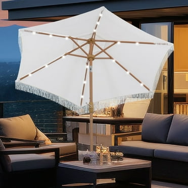 Autlaycil 7.5 ft Fringe Patio Umbrella with 18 LED Lights, Tassels Solar Umbrella, White