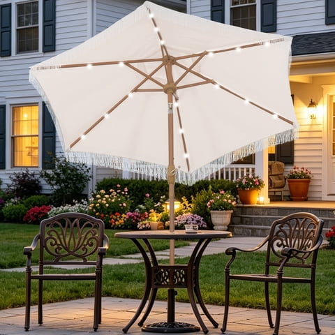 Autlaycil 7.5 ft Fringe Patio Umbrella with 18 LED Lights and Sturdy Ribs for Lawn, Garden, Backyard and Pool, Beige