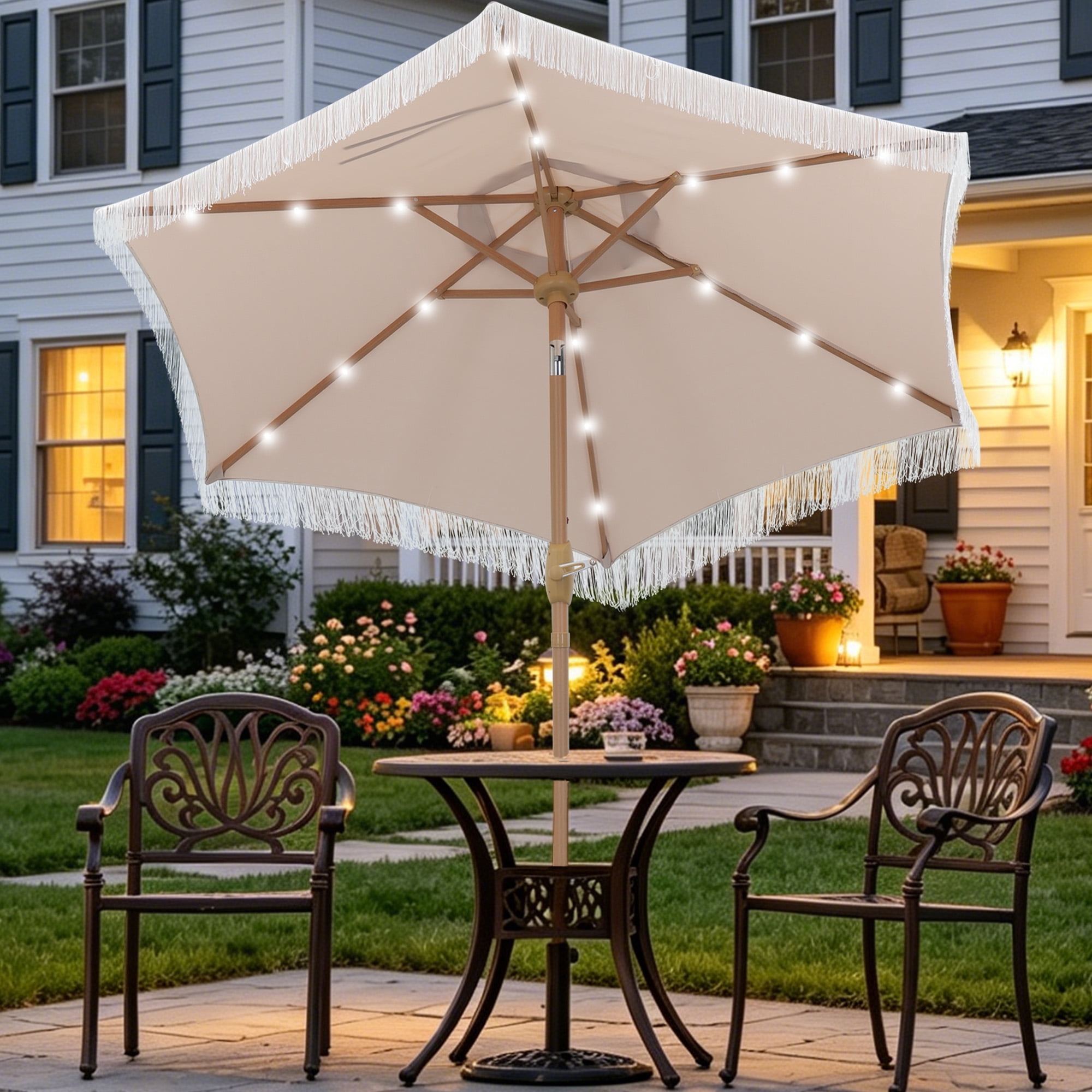 7 foot patio furniture umbrella with lights FLAME&SHADE 7.5 FT Solar Light Umbrella, 24 LED Outdoor Centre Surround Light, Table Umbrella Outdoor Patio for Deck, Pool, Backyard, Garden, UV Protection (Aqua Blue) coated steel Canopy Shape JOYESERY 11 x 7 ft.