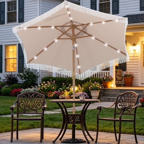 Autlaycil 7.5 ft Fringe Patio Umbrella with 18 LED Lights and Sturdy Ribs for Lawn, Garden, Backyard and Pool - Khaki