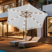 Autlaycil 7.5 ft Fringe Patio Umbrella with 18 LED Lights and Sturdy Ribs for Lawn, Garden, Backyard and Pool, White