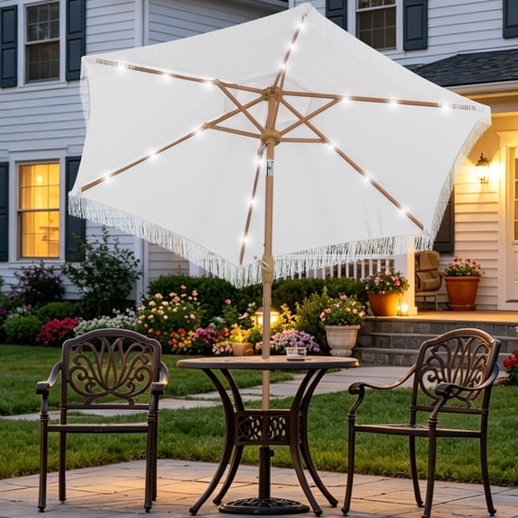 Autlaycil 7.5 ft Fringe Patio Umbrella with 18 LED Lights and Sturdy Ribs for Lawn, Garden, Backyard and Pool - White