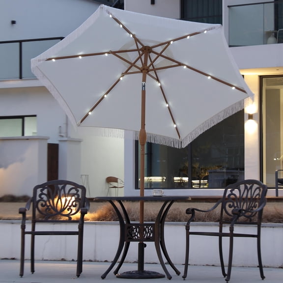 Autlaycil 7.5 ft White Tassel Patio Umbrella with Base, 18 LED Lights Solar, and Push Button Tilt and Crank