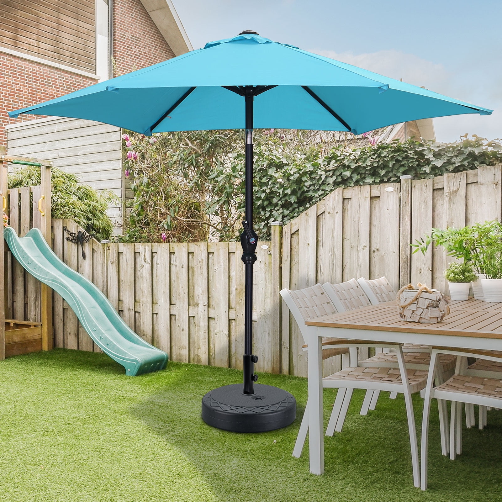 7 foot patio umbrella with base Autlaycil 7.5ft Outdoor Patio Umbrella with Tilt and Matching Base, Crank  and Sturdy Ribs for Lawn, Garden, Backyard and Pool, Blue