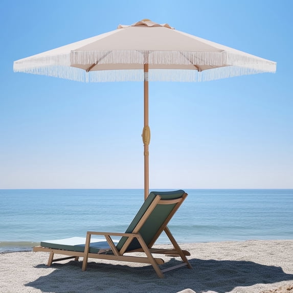 Autlaycil 7.5 ft Patio Umbrella with Fringe for Beach, Pool, and Yard - Beige