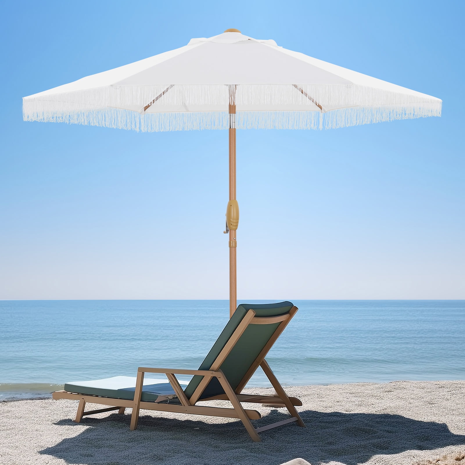 Autlaycil 7.5 ft Patio Umbrella with Fringe for Beach, Pool, and Yard - White