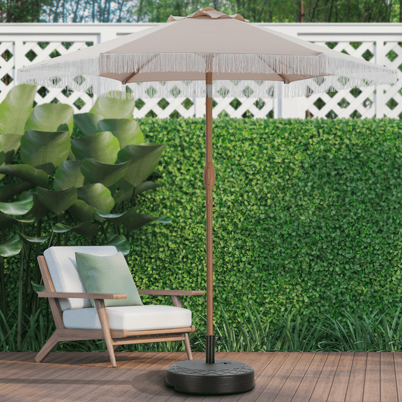 Autlaycil 7.5 ft Patio Umbrella with Fringe, Beach Pool and Yard with Umbrella Base, Khaki