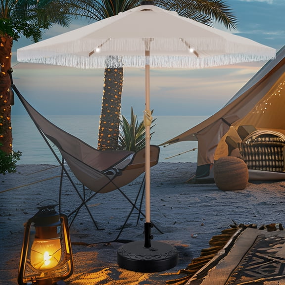 Autlaycil 7.5 ft Patio Umbrella with Tassel, 18 LED Lights Solar Umbrella with Umbrella Base, Beige