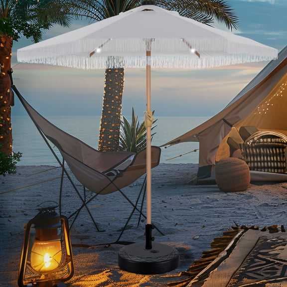 Autlaycil 7.5 ft Patio Umbrella with Tassel, 18 LED Lights Solar Umbrella with Umbrella Base - White