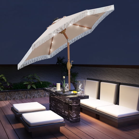 Autlaycil 7.5 ft Patio Umbrella with Tassel Fringe Stylish, 18 LED Lights Solar Umbrella (Khaki)