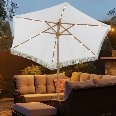 Autlaycil 7.5 ft Patio Umbrella with Tassel Fringe Stylish, 18 LED Lights Solar Umbrella (White)
