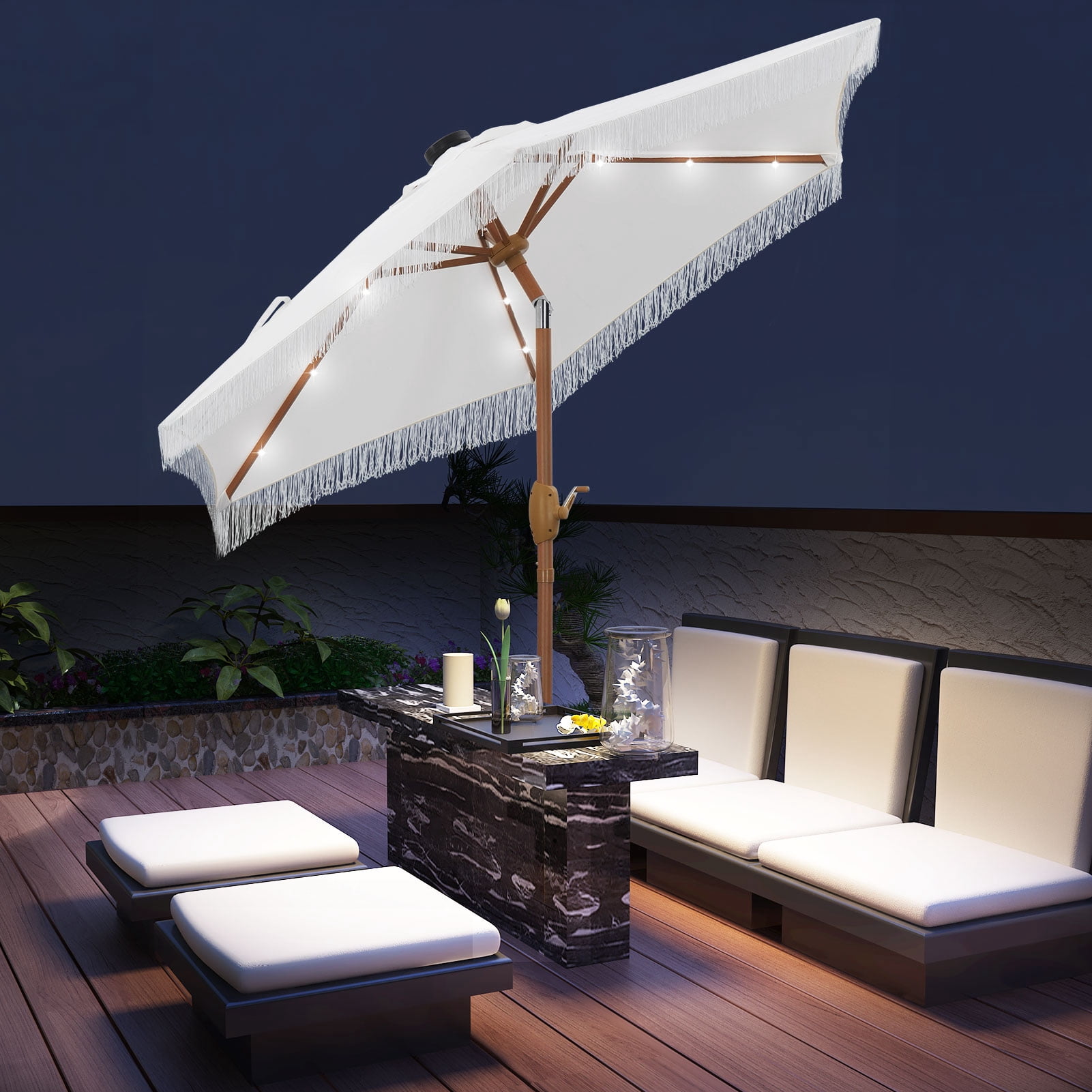 7.5 lighted patio umbrella FLAME&SHADE Solar with Centre Light, FT Ivory Patio umbrellas are 7.5 feet in diameter Autlaycil 7.5 ft Patio Umbrella