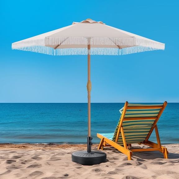 Autlaycil 7.5 ft Tassel Patio Umbrella with Umbrella Base, Fringe Stylish Beach, Pool, Adjustable Outdoor Market Umbrellas (Khaki)