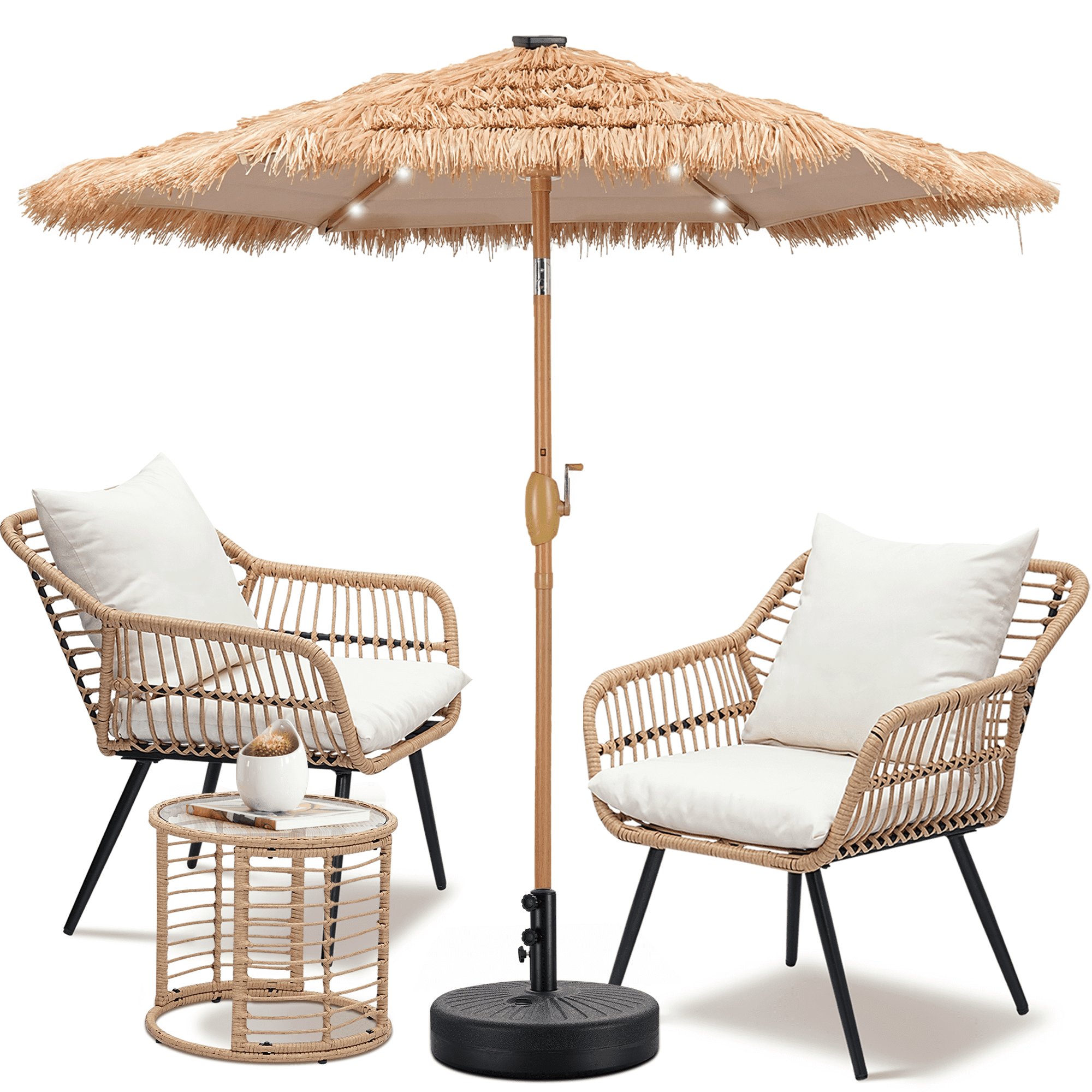 kontiki 7 piece outdoor patio set with umbrella Kingdom HDPE 7-Piece Dining Armchairs, White coated iron round patio table and bistro Autlaycil 7.5 ft Tiki Solar