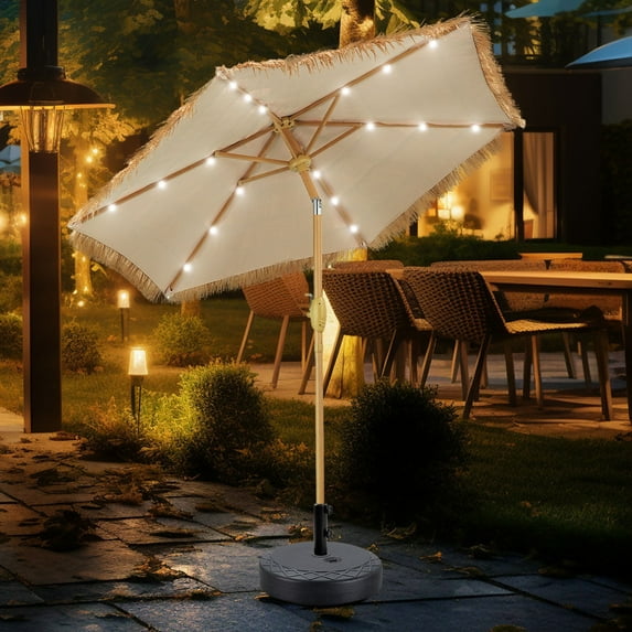 Autlaycil 7.5FT Grass Tiki Patio Umbrella Outdoor Table Umbrella with Push Button Tilt and Crank, 18 LED Lights, Contain Umbrella Base