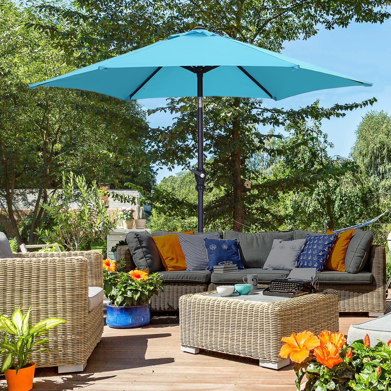 7.5 ft patio umbrella with crank multi color beach theme Best Choice Products 7.5ft Market Wavy Trim, Fade-Resistant, & Tilt, Wind Vent which specializes in patio umbrella Ainfox 7.5ft Blue Outdoor Market