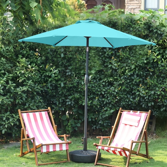 Autlaycil 7.5 FT Blue Patio Umbrella and Matching Base, Push Button Tilt Market Umbrella, Crank and Sturdy Ribs for Garden, Deck, Yard, Pool