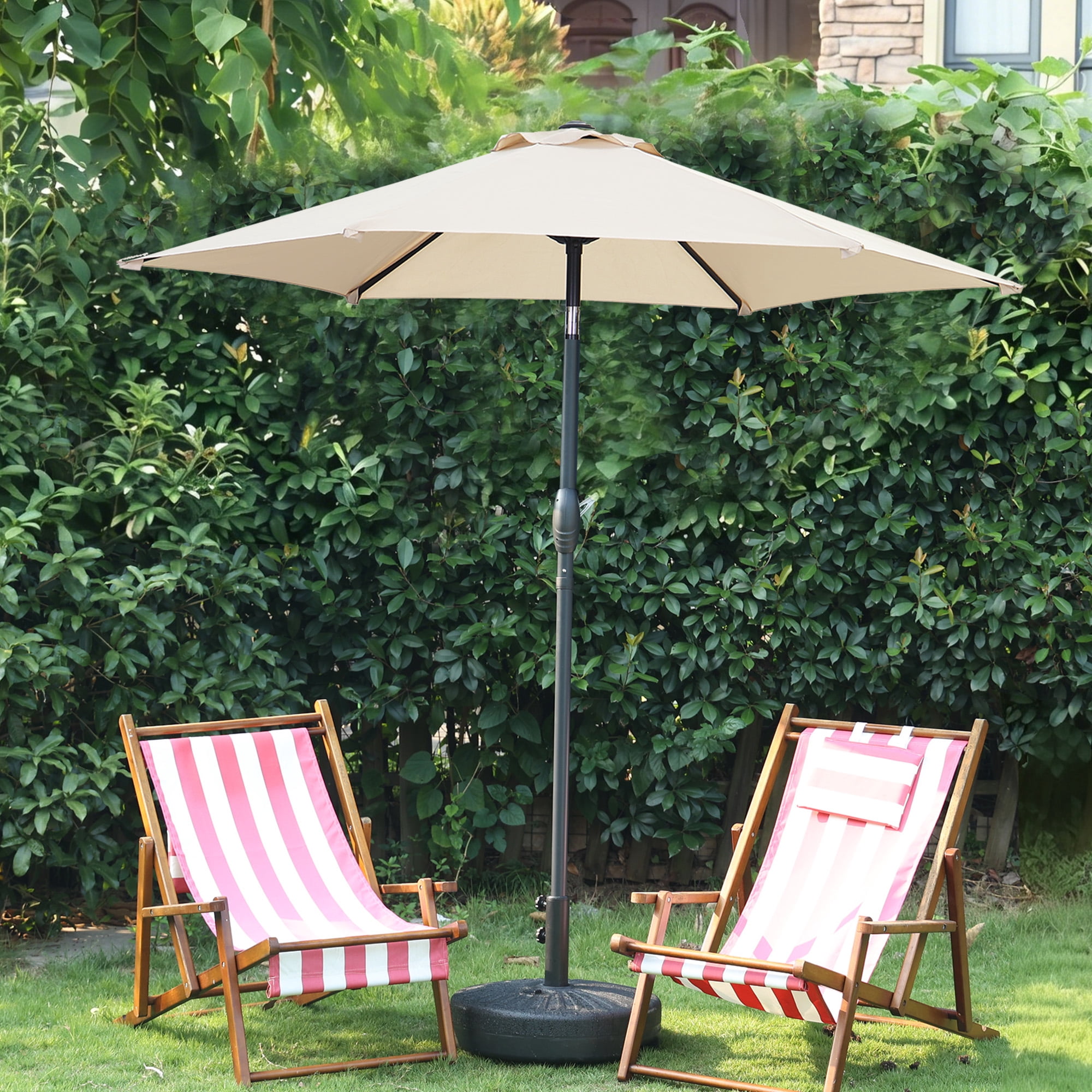 Autlaycil 7.5 FT Beige Patio Umbrella and Matching Base, Push Button Tilt Market Umbrella, Crank and Sturdy Ribs for Garden, Deck, Yard, Pool