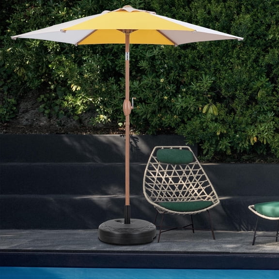 Autlaycil 7.5ft Yellow/Khaki/White Patio Umbrella with Base and Button Tilt Sun Shelter UV Protection Beach for Market, Beach, Patio, Pool, Garden Backyard