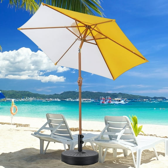 Autlaycil 7.5ft Patio Umbrella and Base with Button Tilt UV Protection for Market, Beach, Pool, Garden Yard - Yellow and White