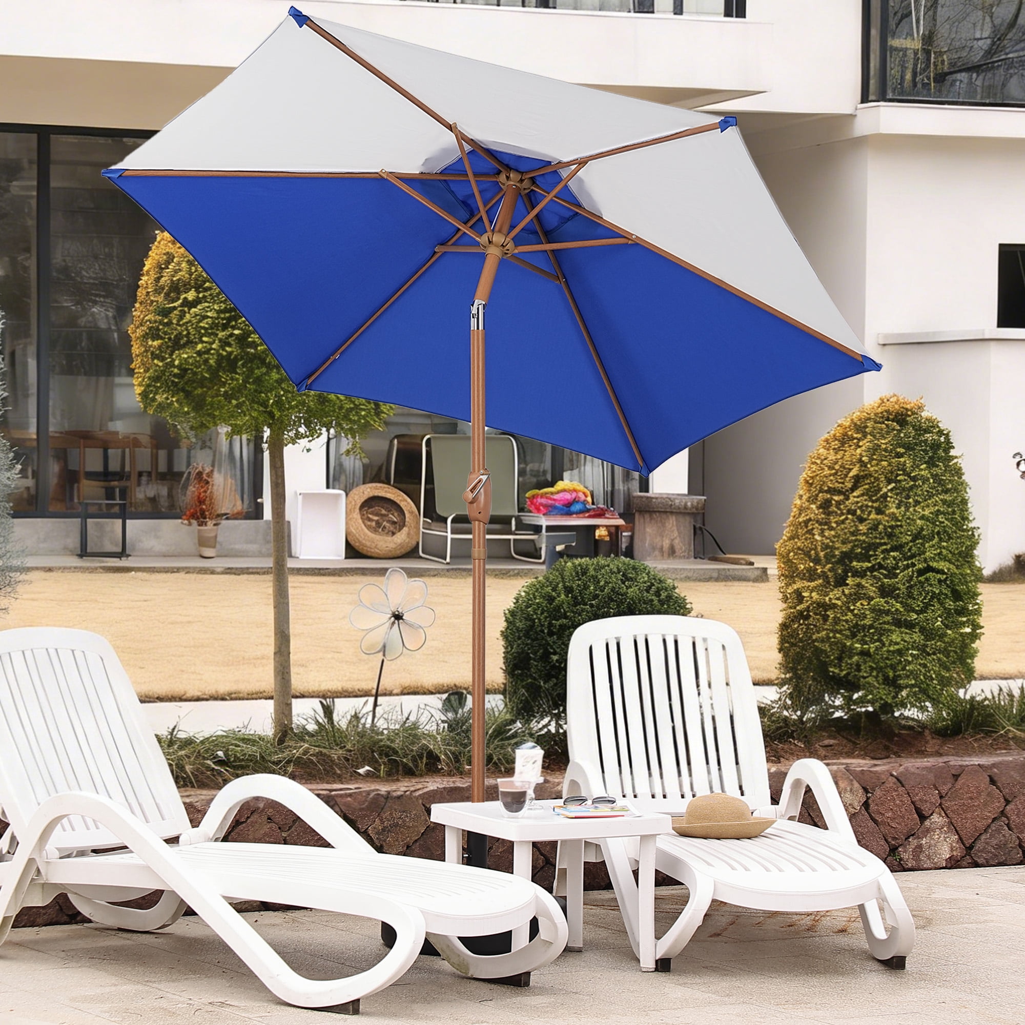 Autlaycil 7.5ft Patio Umbrella and Button Tilt Sun Shelter UV Protection Beach for Market, Beach, Patio, Pool, Garden Backyard (Blue and White)