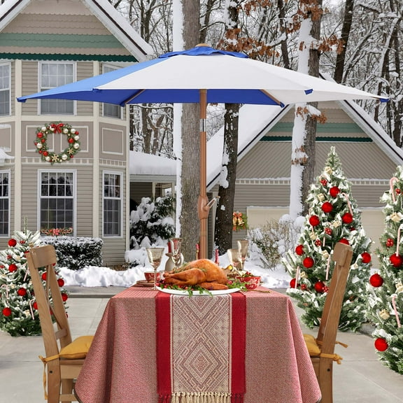 Autlaycil 7.5ft Patio Umbrella with Button Tilt UV Protection Beach Umbrellas Sunshade for Market, Patio, Pool, Garden Backyard (Blue and White)