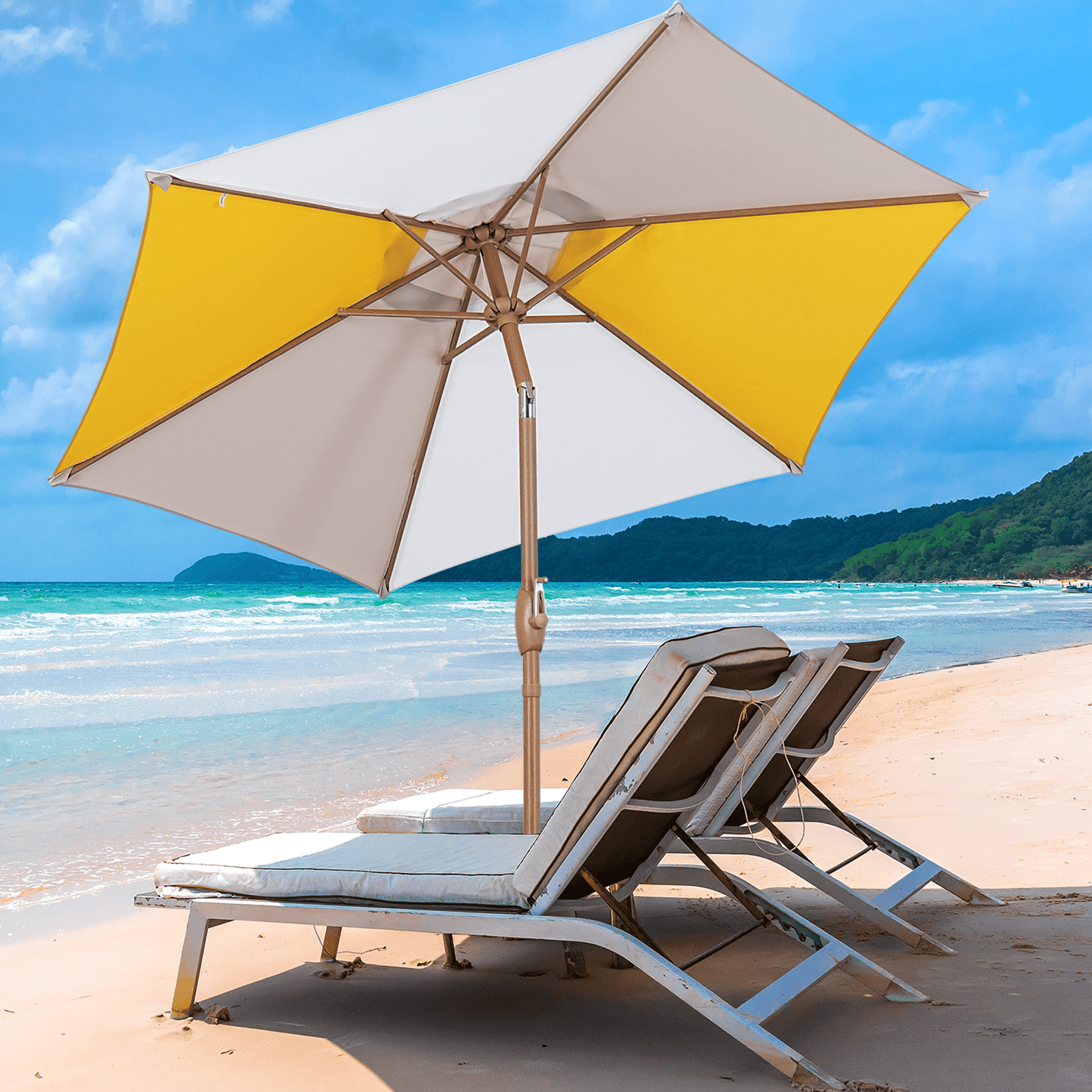 Autlaycil 7.5ft Yellow/Khaki/White Patio Umbrella with Button Tilt UV Protection for Beach, Pool, Garden, Yard