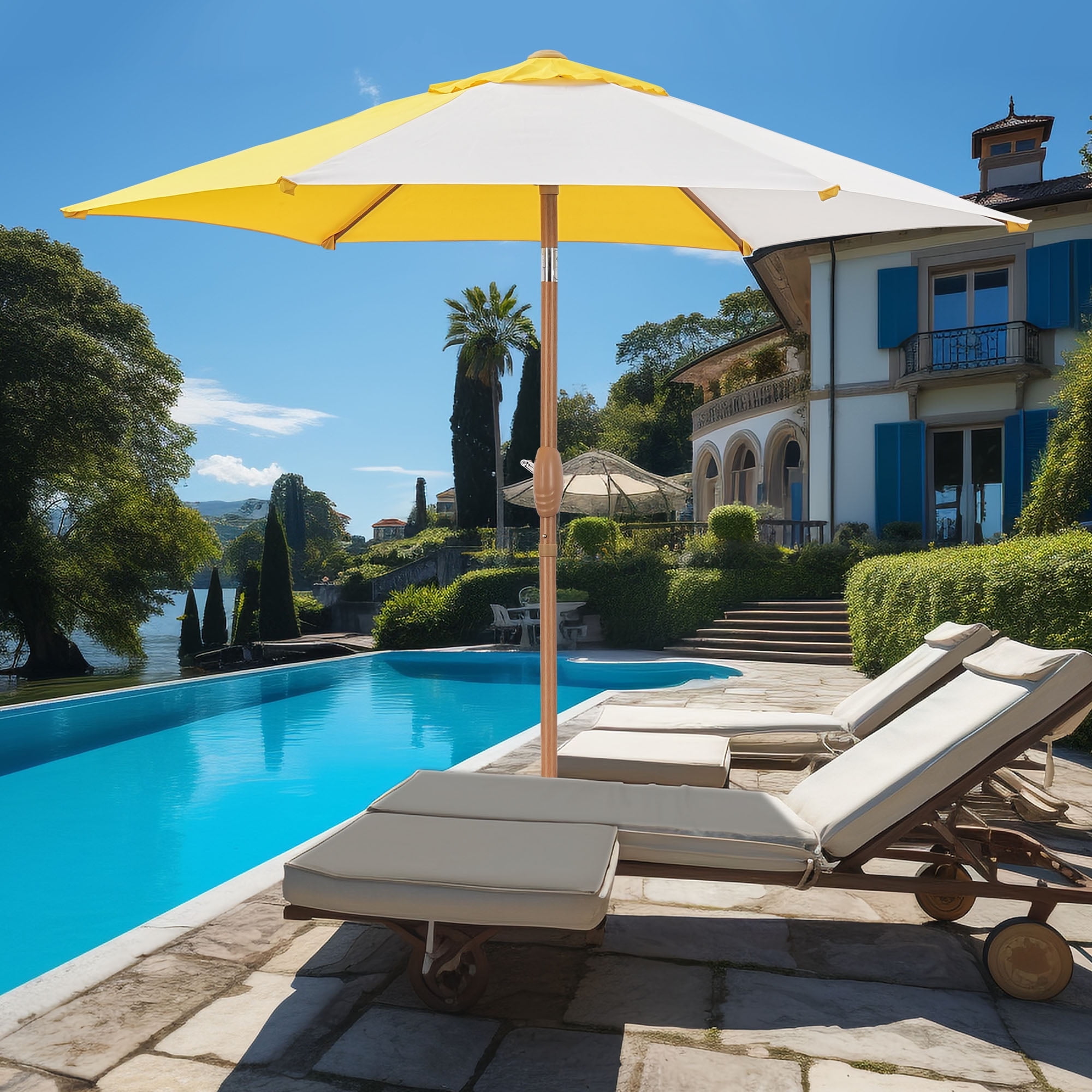 Autlaycil 7.5ft Yellow and White Patio Umbrella with Button Tilt UV Protection for Beach, Pool, Garden, Yard