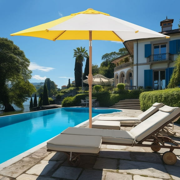 Autlaycil 7.5ft Patio Umbrella with Button Tilt UV Protection Beach Umbrellas Sunshade for Market, Patio, Pool, Garden Backyard (Yellow and White)