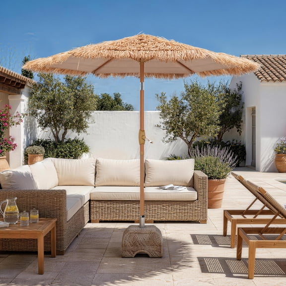 Autlaycil 7.5ft Tik Patio Umbrella with Push Button Tilt and Crank, Plastic Thatch Canopy