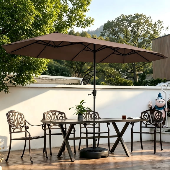 Autlaycil 13ft Patio Umbrella with Crank System and Sturdy Ribs, Sun Protection for Garden, Deck, Poolside, Outdoor - Brown