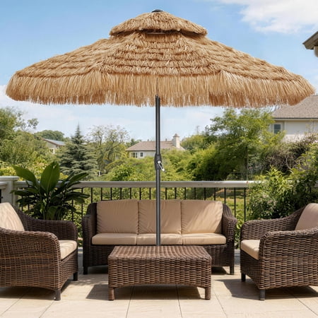Autlaycil 9 ft 2-Tier Patio Tiki Umbrella, Hawaiian Thatched Umbrella with Push Button Tilt, Pool, Patio, Beach