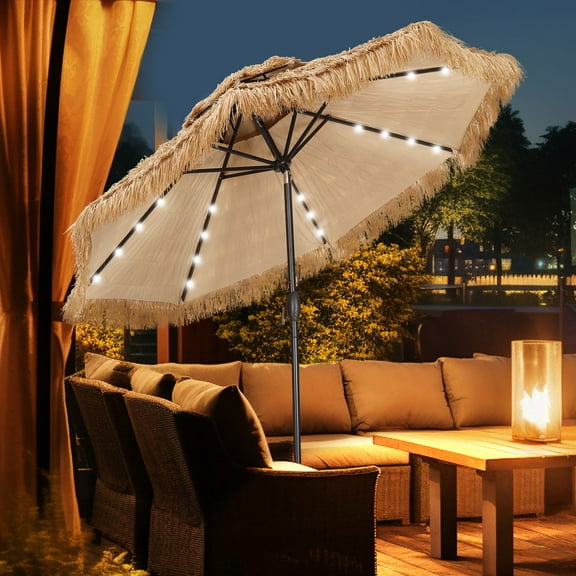 Autlaycil 9 ft 2-Tier Solar Thatched Hawaiian Tiki Umbrella, Pool, Patio, Beach