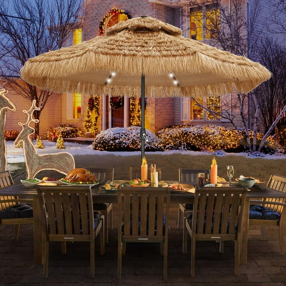 Autlaycil 9 ft 2-Tier Solar Thatched Hawaiian Tiki Umbrella, Pool, Patio, Beach