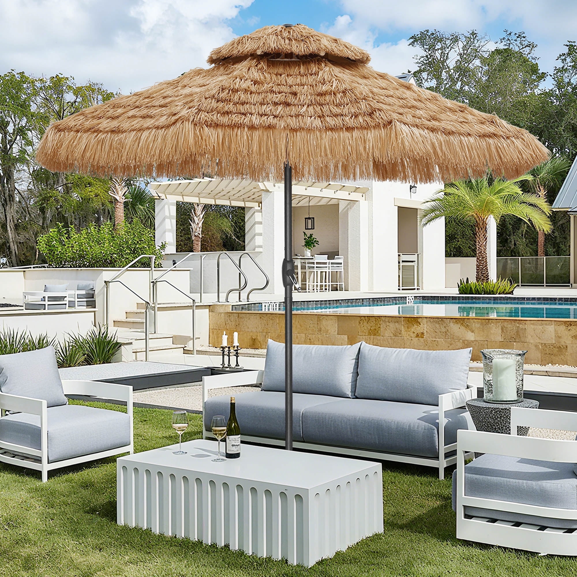 Autlaycil 9 ft Hula Tiki Outdoor Umbrella, 2-Tier Thatched Beach Umbrella, Pool, Patio, Yard, Garden