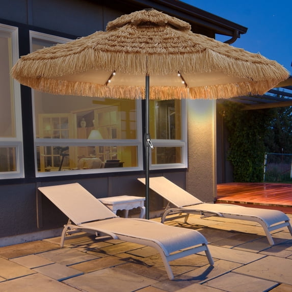 Autlaycil 9 ft Yellow Solar LED Lights Thatched Tiki Umbrella for patio and pool