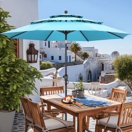 Autlaycil 10 ft Blue Patio Umbrella 3 Tiers Adjustable Outdoor Market Umbrella with Crank for Beach Pool