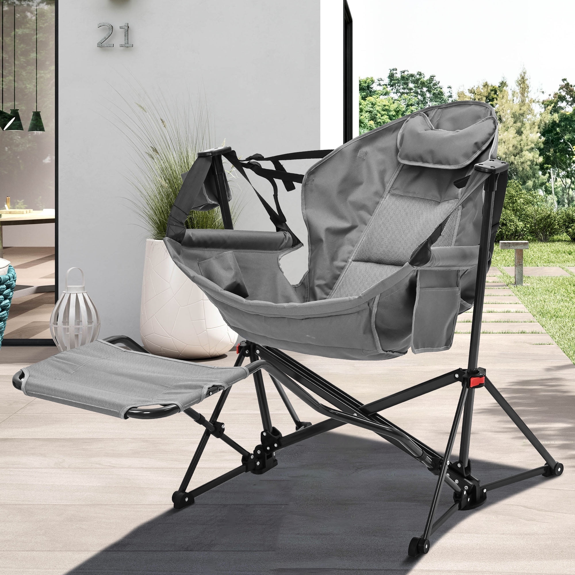 Autlaycil Camping Chairs, Oversized Hammock Chairs, Folding Rocking Chairs, Adjustable Back Swing Chairs, Cup Holder, Outdoor Beach Lawn, Grey