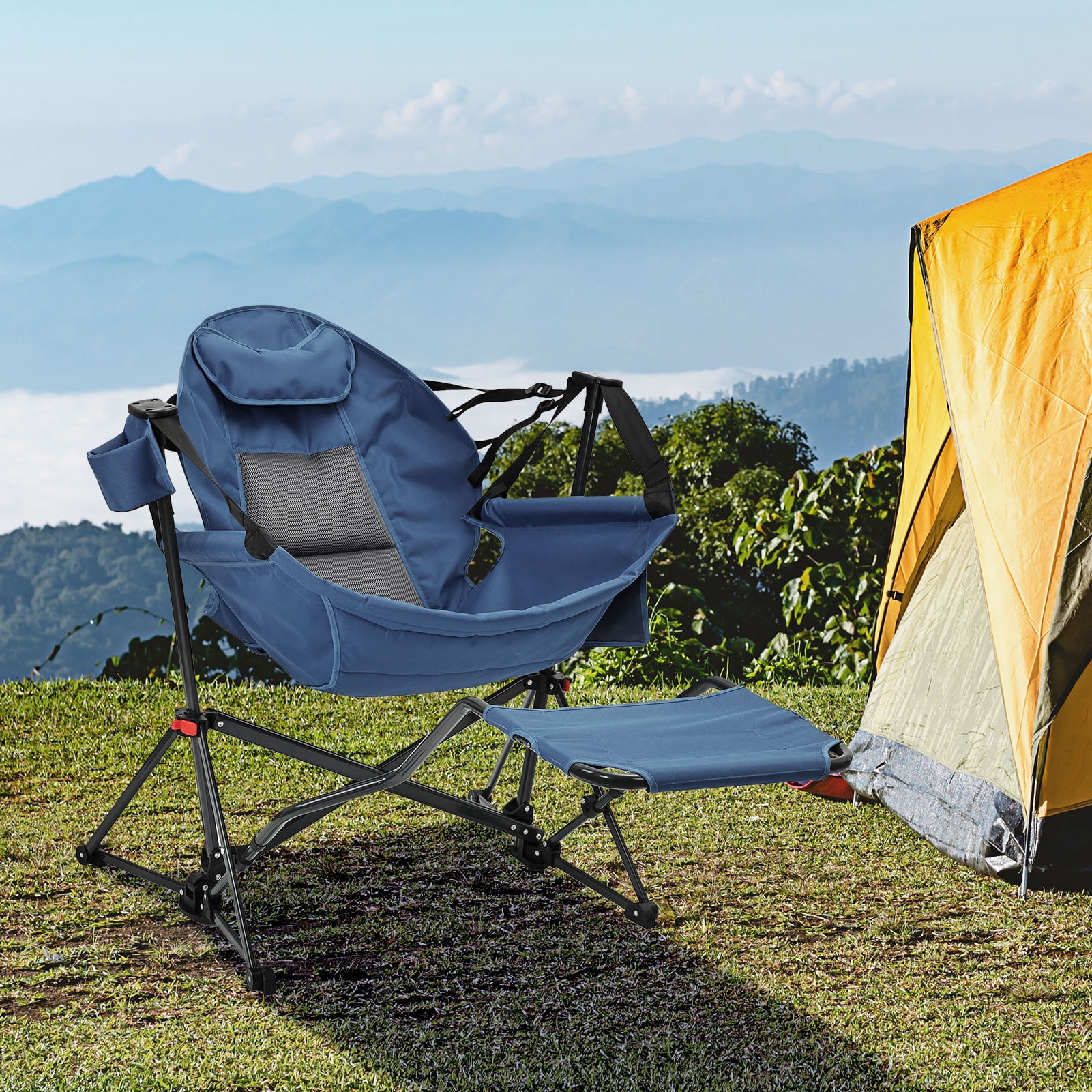 Autlaycil Camping Chairs, Oversized Hammock Chairs, Folding Rocking Chairs, Adjustable Back Swing Chairs, Cup Holder, Outdoor Beach Lawn, Grayish Blue