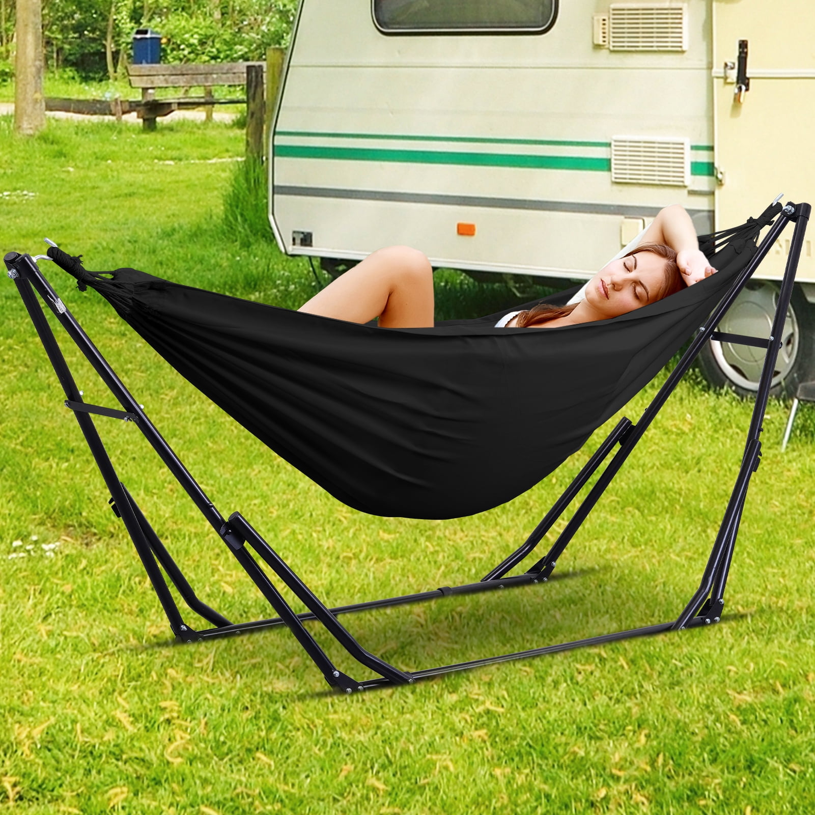 Autlaycil Outdoor Hammock Swing Chair with Stand, 2 in 1 Hammock Hanging Chairs with Portable Heavy Duty Stand, Multi-Functional Hammock Stand 480 lbs Weight, Black