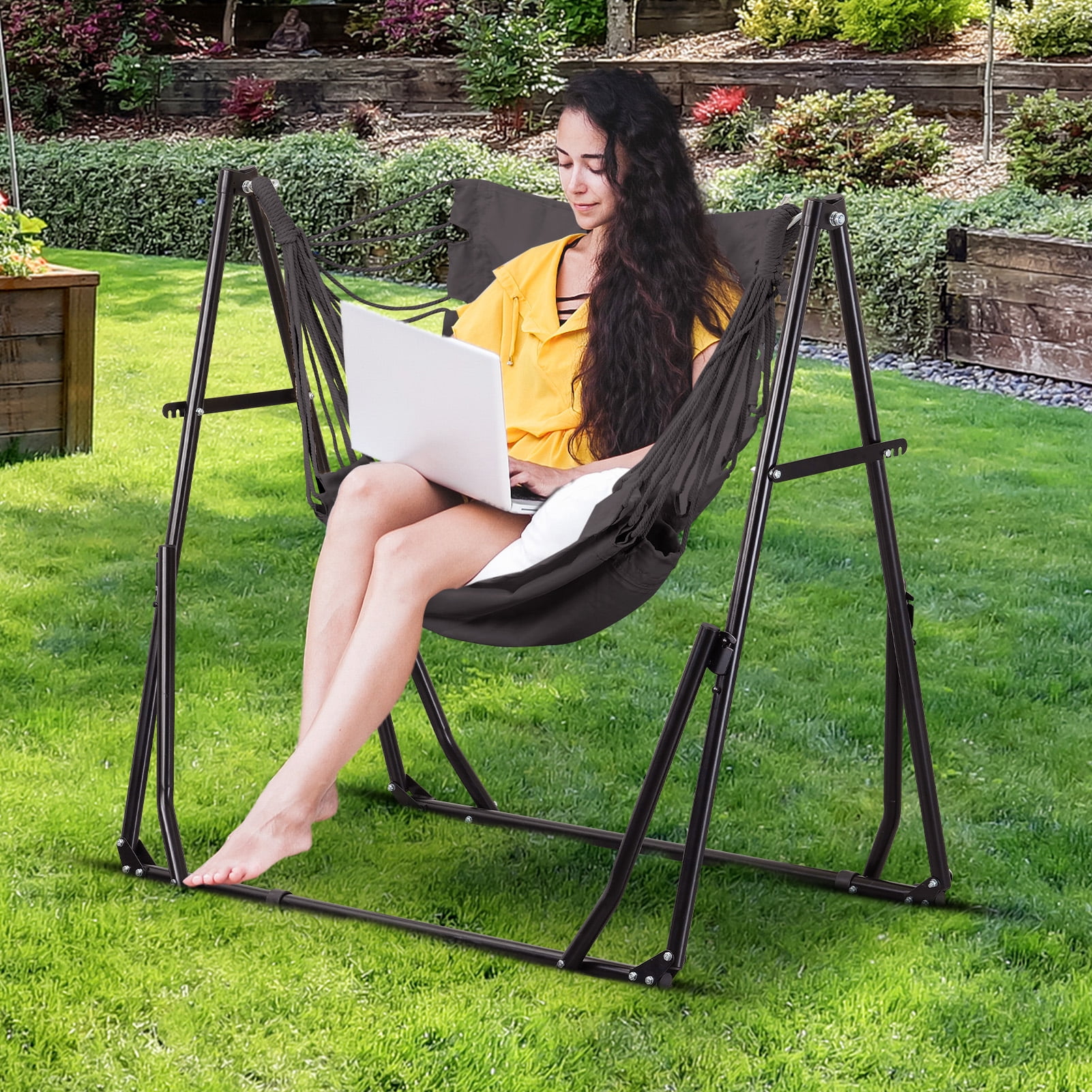 Autlaycil Outdoor Hammock Swing Chair with Stand, 2 in 1 Hammock Hanging Chairs with Portable Heavy Duty Stand, Multi-Functional Hammock Stand 480 lbs Weight, Grey