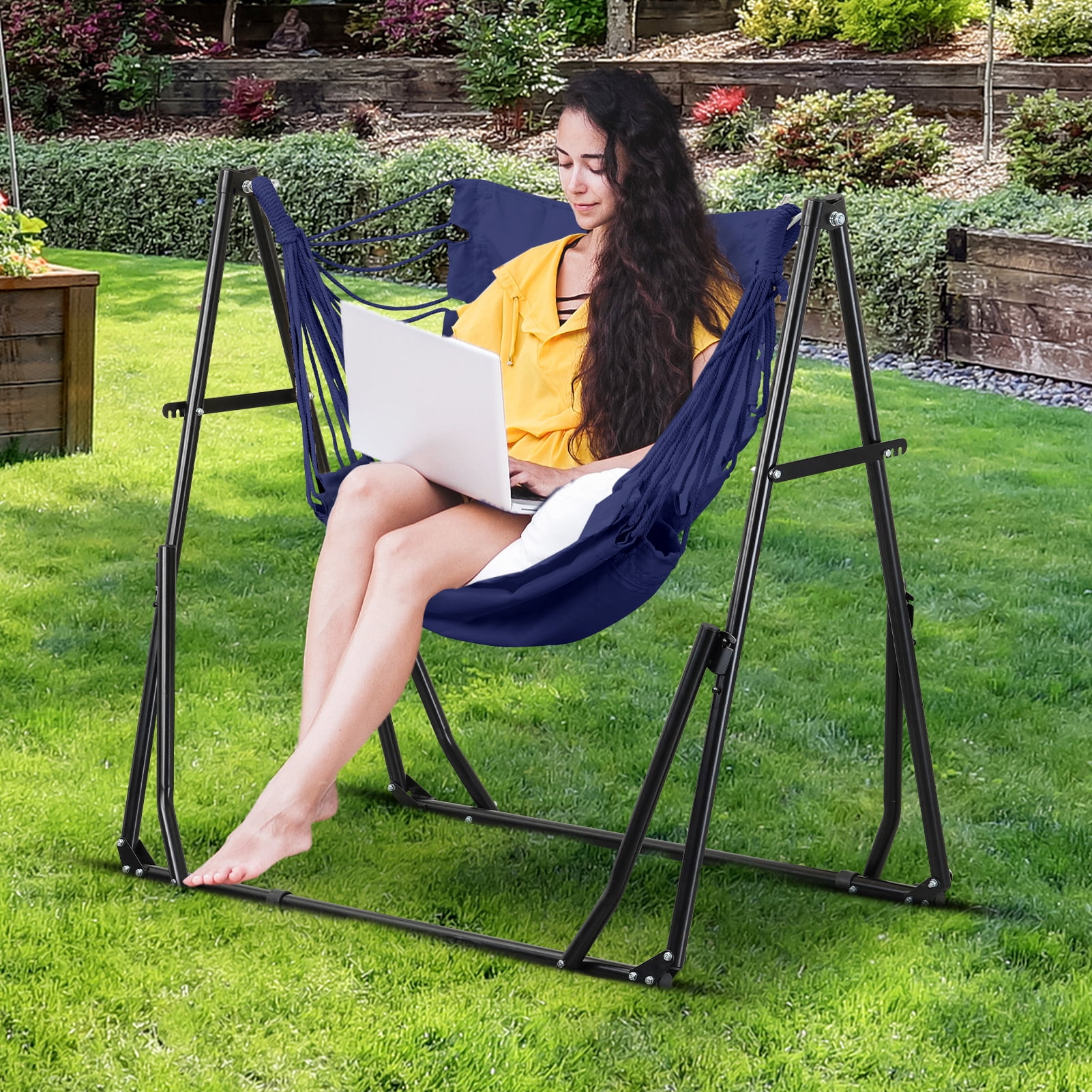 Autlaycil Outdoor Hammock Swing Chair with Stand, 2 in 1 Hammock Hanging Chairs with Portable Heavy Duty Stand, Multi-Functional Hammock Stand 480 lbs Weight, Navy Blue