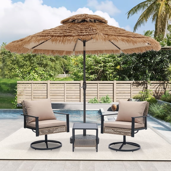 Autlaycil Patio Furniture Set 5 Pieces, Beige Outdoor Swivel Rocking Chairs Set, 9ft Tiki Patio Umbrella with Base Garden Conversation Bistro Sets for Porch, Pool, Backyard