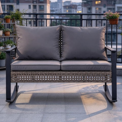 Autlaycil Patio Loveseat, Outdoor 2-Seat Rattan Wicker Sofa with High Back and Comfortable Thick Cushions - Gray
