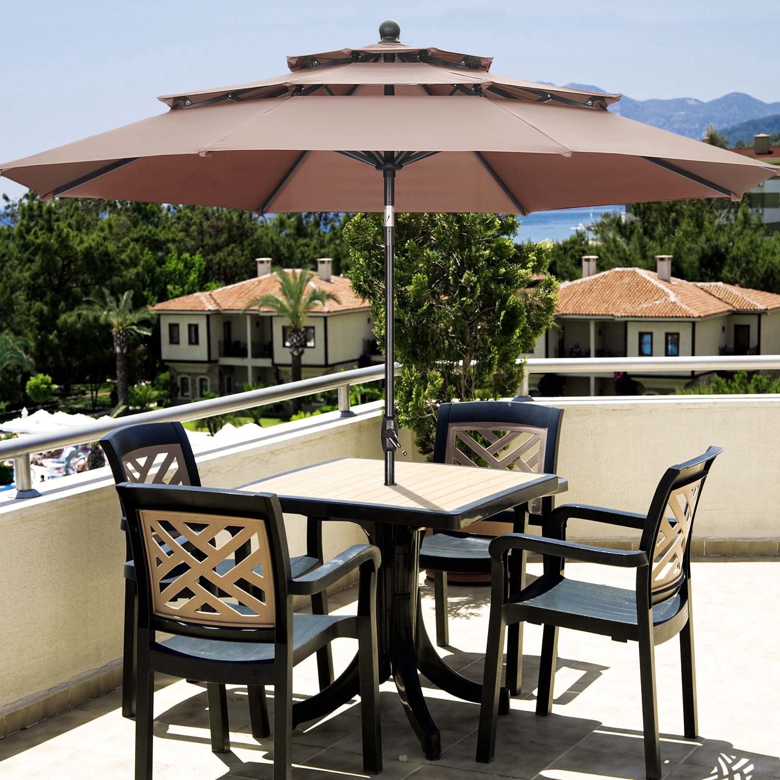 Autlaycil 10ft Brown Outdoor Patio Umbrella with 3 Tiers, Push Button Tilt and Crank for Garden Lawn Backyard Pool