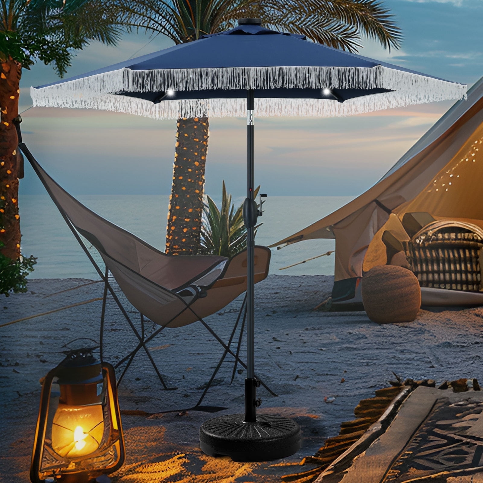 Autlaycil 7.5 ft Patio Umbrella and Umbrella Base with Tassel Fringe Stylish, 18 LED Lights ...