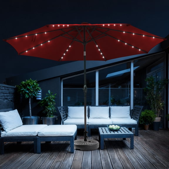 Autlaycil 10 FT Patio Umbrella with Base, Steel Tilt and Crank, Includes 32 Solar LED Lights, Red