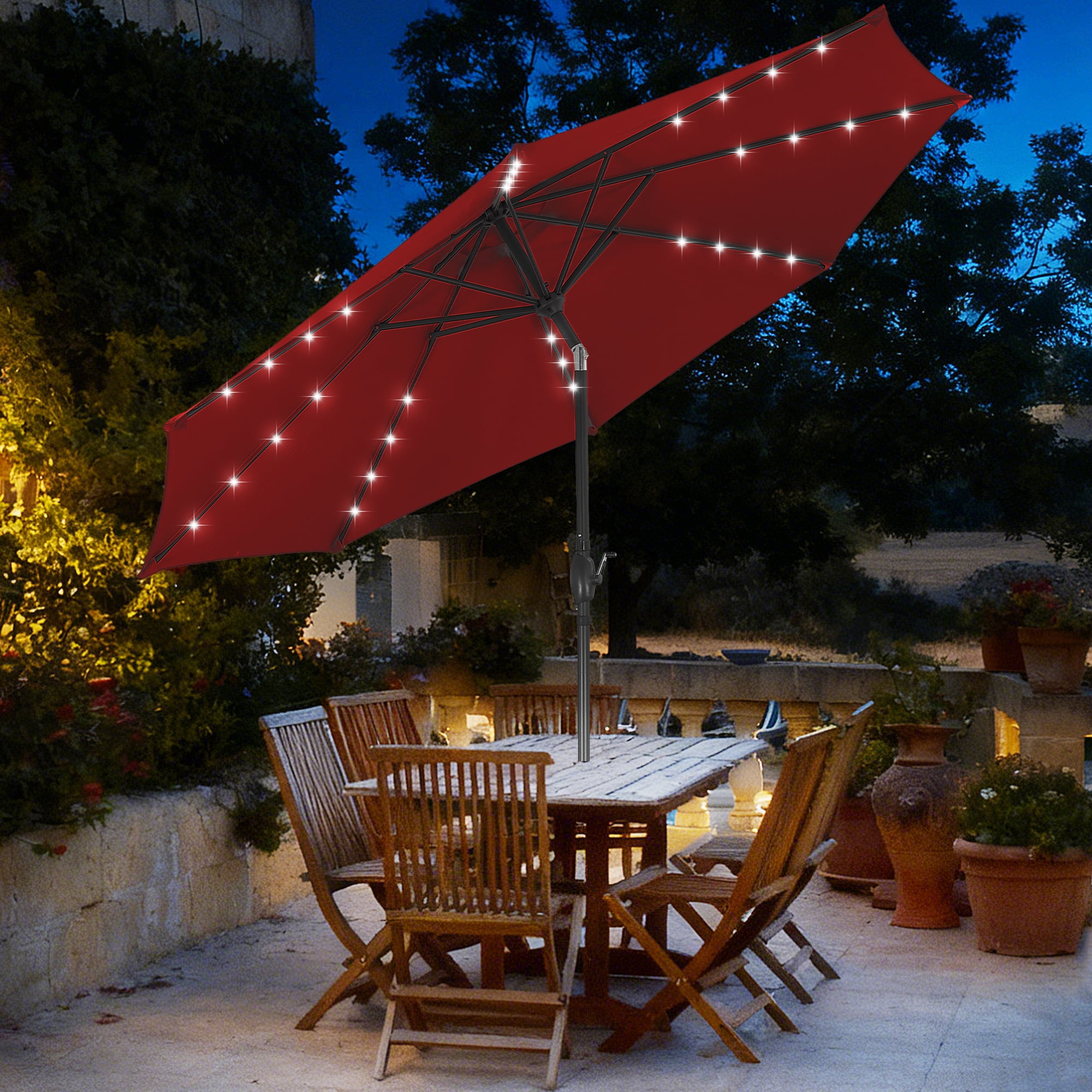 Autlaycil 10 ft Solar Patio Umbrellas with 32 Lights for Market Outdoor Pool, Steel Tilt Crank-Red